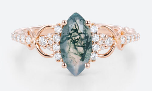 0.9ct Infinity Moss Agate Engagement Ring​ Marquise 3/4 Twisted Band in Rose Gold