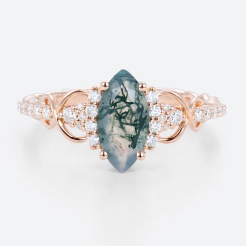 0.9ct Infinity Moss Agate Engagement Ring​ Marquise 3/4 Twisted Band in Rose Gold