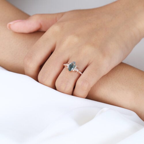 0.9ct Infinity Moss Agate Engagement Ring​ Marquise 3/4 Twisted Band in Rose Gold