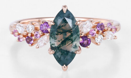 0.9ct Marquise Moss Agate Engagement Ring with Multi Gem Accents in Rose Gold