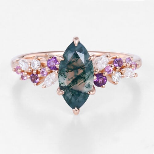 0.9ct Marquise Moss Agate Engagement Ring with Multi Gem Accents in Rose Gold