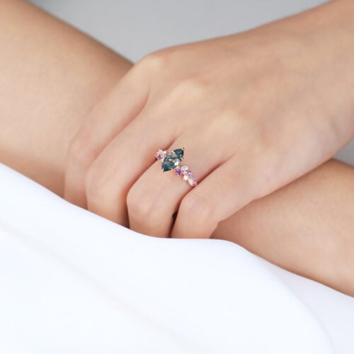 0.9ct Marquise Moss Agate Engagement Ring with Multi Gem Accents in Rose Gold