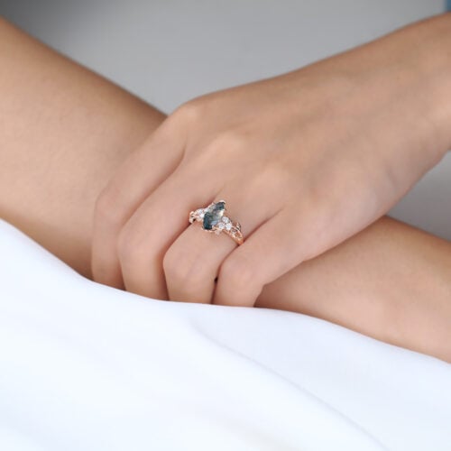 1ct Marquise Cut Moss Agate Engagement Ring Vine Design Ring in Rose Gold