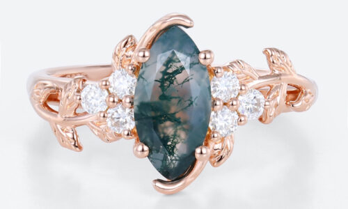 1ct Marquise Cut Moss Agate Engagement Ring Vine Design Ring in Rose Gold