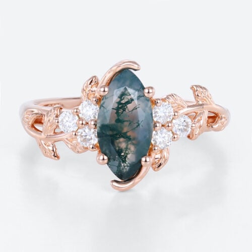 1ct Marquise Cut Moss Agate Engagement Ring Vine Design Ring in Rose Gold