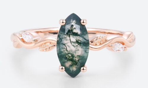 1ct Moss Agate Engagement Ring Marquise Cut Vine Leaf​ Bridal Ring in Rose Gold