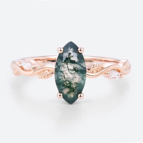 1ct Moss Agate Engagement Ring Marquise Cut Vine Leaf​ Bridal Ring in Rose Gold