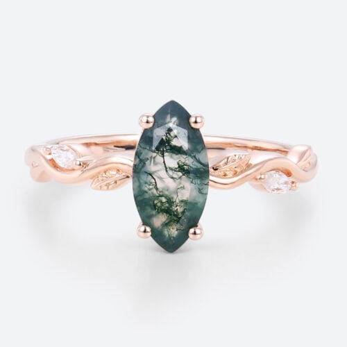 1ct Moss Agate Engagement Ring Marquise Cut Vine Leaf​ Bridal Ring in Rose Gold