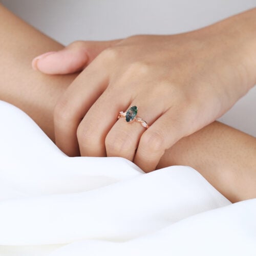 1ct Moss Agate Engagement Ring Marquise Cut Vine Leaf​ Bridal Ring in Rose Gold