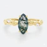 1ct Moss Agate Engagement Ring Marquise Cut Vine Leaf​ Bridal Ring in Yellow Gold