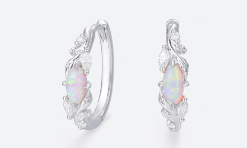 Marquise Cut Opal Enchanted Vine Huggie Earrings with Lab Diamond Accents Marquise Cut Opal Enchanted Vine Huggie Earrings with Lab Diamond Accents