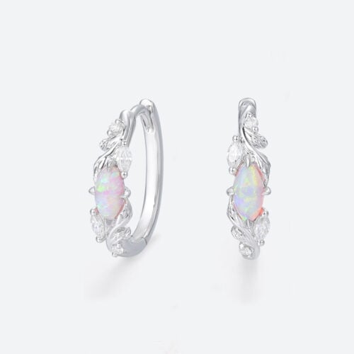 Marquise Cut Opal Enchanted Vine Huggie Earrings with Lab Diamond Accents in White Gold