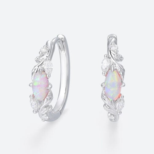 Marquise Cut Opal Hoop Earrings Enchanted Vine Huggie Earrings in White Gold