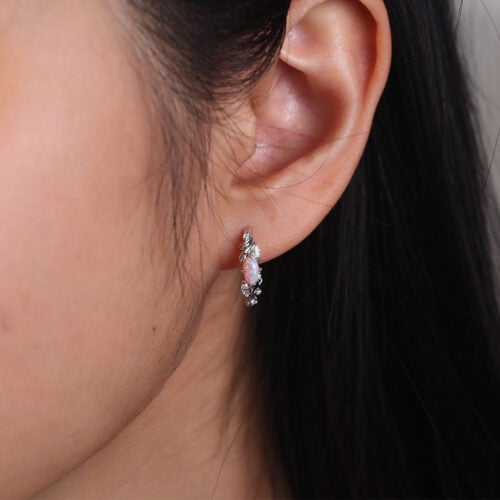 Marquise Cut Opal Hoop Earrings Enchanted Vine Huggie Earrings in White Gold