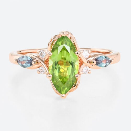 Marquise Cut Peridot Ring 1.4ct Unique Vineyard Engagement Ring in Rose Gold
