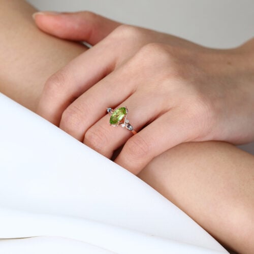 Marquise Cut Peridot Ring 1.4ct Unique Vineyard Engagement Ring in Rose Gold