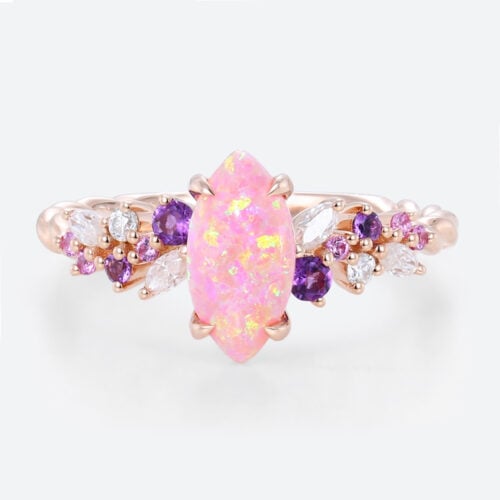 Marquise Pink Opal Ring 3/4 Twisted Engagement Ring with Multi Gem in Rose Gold