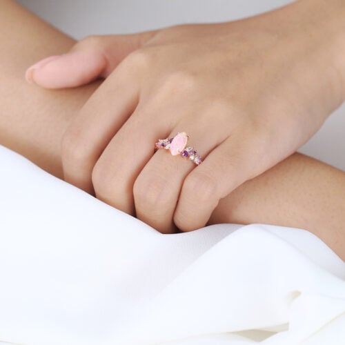 Marquise Pink Opal Ring 3/4 Twisted Engagement Ring with Multi Gem in Rose Gold