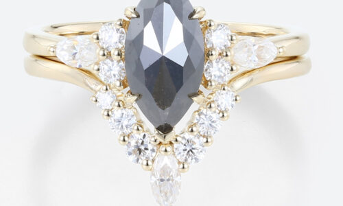 1ct Marquise Cut Salt and Pepper Diamond​ Cluster Bridal Ring Set in Yellow Gold