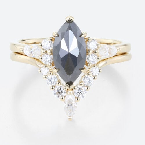 1ct Marquise Cut Salt and Pepper Diamond​ Cluster Bridal Ring Set in Yellow Gold