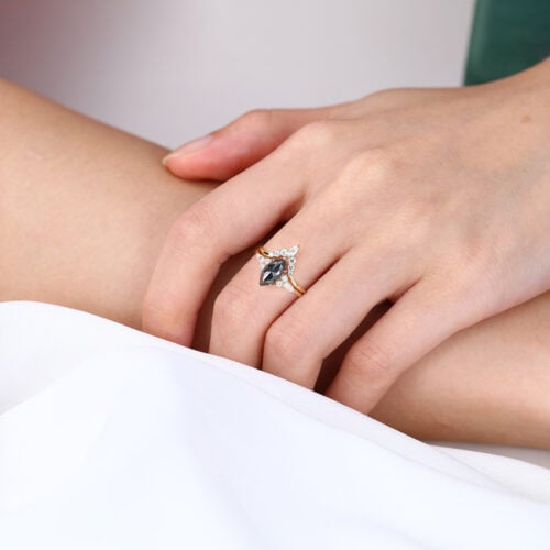 1ct Marquise Cut Salt and Pepper Diamond​ Cluster Bridal Ring Set in Yellow Gold