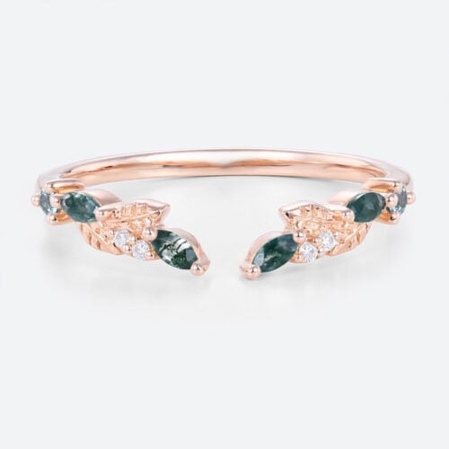 Multicolored Gems Leaf-Inspired Wedding Ring Open Stackable Ring in Rose Gold
