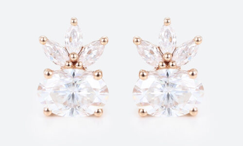 1ct Oval Lab Diamond Stud Earrings with Marquise Diamond Accented in Rose Gold