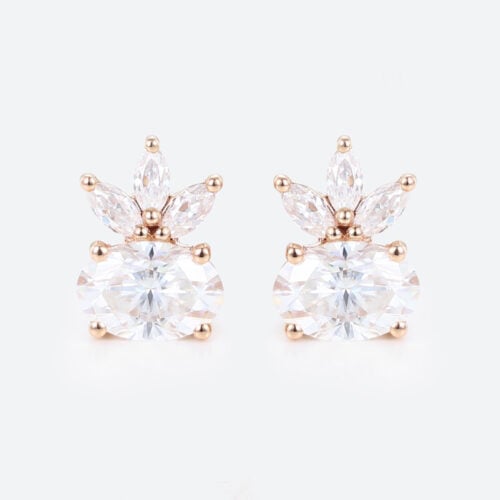 1ct Oval Lab Diamond Stud Earrings with Marquise Diamond Accented in Rose Gold