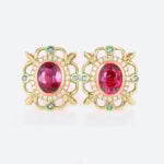 1.5ct Oval Cut Lab Ruby Stud Earrings Victorian Ornate Earrings in Yellow Gold