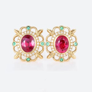 1.5ct Oval Cut Lab Ruby Stud Earrings Victorian Ornate Earrings in Yellow Gold