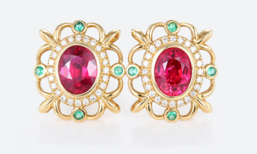 1.5ct Oval Cut Lab Ruby Stud Earrings Victorian Ornate Earrings in Yellow Gold