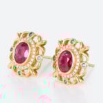 1.5ct Oval Cut Lab Ruby Stud Earrings Victorian Ornate Earrings in Yellow Gold