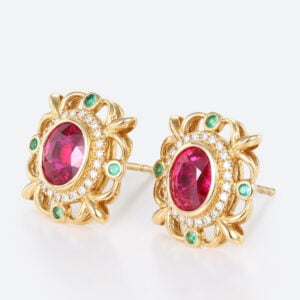 1.5ct Oval Cut Lab Ruby Stud Earrings Victorian Ornate Earrings in Yellow Gold