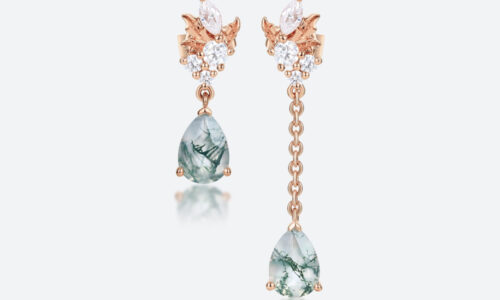 Moss Agate Drop Earrings Pear Cut Asymmetrical Artistic Earrings in Rose Gold