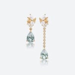 Moss Agate Drop Earrings Pear Cut Asymmetrical Artistic Earrings in Yellow Gold