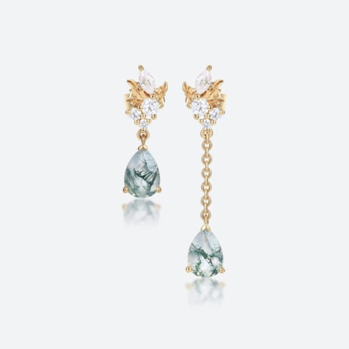 Moss Agate Drop Earrings Pear Cut Asymmetrical Artistic Earrings in Yellow Gold