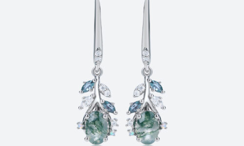 Pear Cut Moss Agate Drop Earrings​ with Multicolor Gem Accents in White Gold