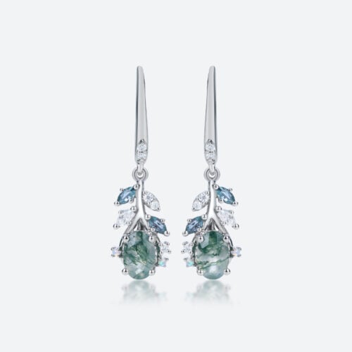 Pear Cut Moss Agate Drop Earrings​ with Multicolor Gem Accents in White Gold