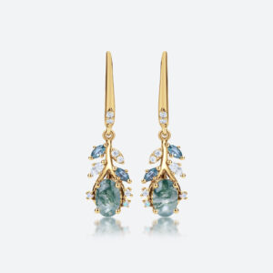 Pear Cut Moss Agate Drop Earrings​ with Multicolor Gem Accents in Yellow Gold