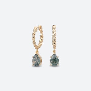 Pear Cut Moss Agate Hoop Earrings Chic Twisted Huggie Earrings in Yellow Gold