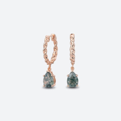 Pear Cut Moss Agate Hoop Earrings Chic Twisted Huggie Earrings in Rose Gold