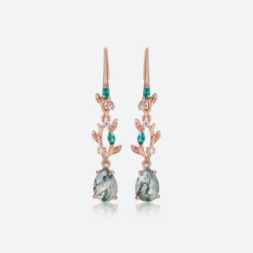 1ct Moss Agate Drops for Earrings​​ Pear Cut Vine-Inspired Earrings in Rose Gold