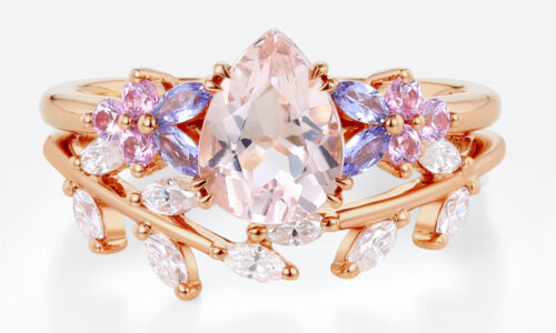Pear Shaped Morganite Ring Set with Leaf Curved Wedding Ring in Rose Gold