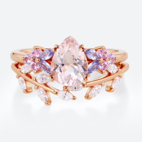 Pear Shaped Morganite Ring Set with Leaf Curved Wedding Ring in Rose Gold