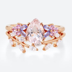 Pear Shaped Morganite Ring Set with Leaf Curved Wedding Ring in Rose Gold