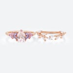 Pear Shaped Morganite Ring Set with Leaf Curved Wedding Ring in Rose Gold