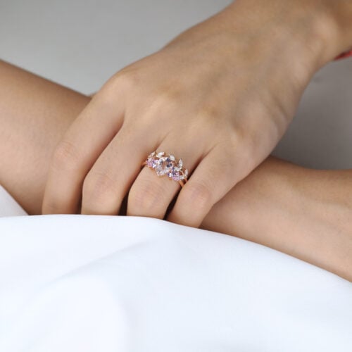 Pear Shaped Morganite Ring Set with Leaf Curved Wedding Ring in Rose Gold