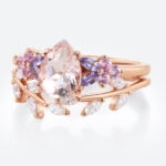 Pear Shaped Morganite Ring Set with Leaf Curved Wedding Ring in Rose Gold