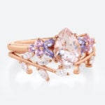 Pear Shaped Morganite Ring Set with Leaf Curved Wedding Ring in Rose Gold