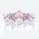 Pear Shaped Morganite Ring Set with Leaf Curved Wedding Ring in White Gold